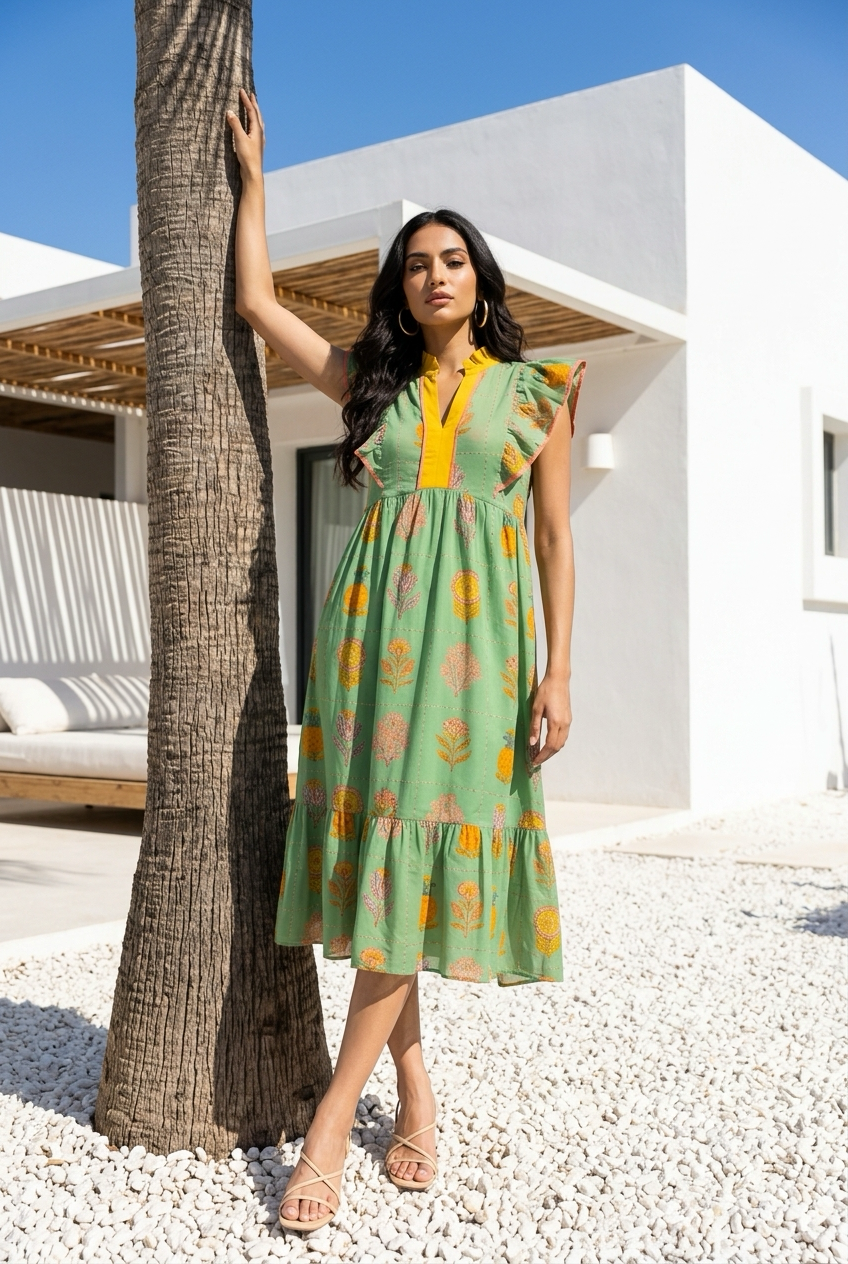 Vestido piñas coral y verde