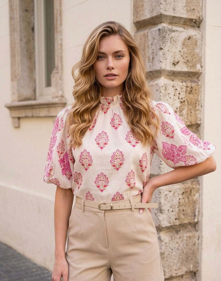 Blusa Bordado Manga Rosa